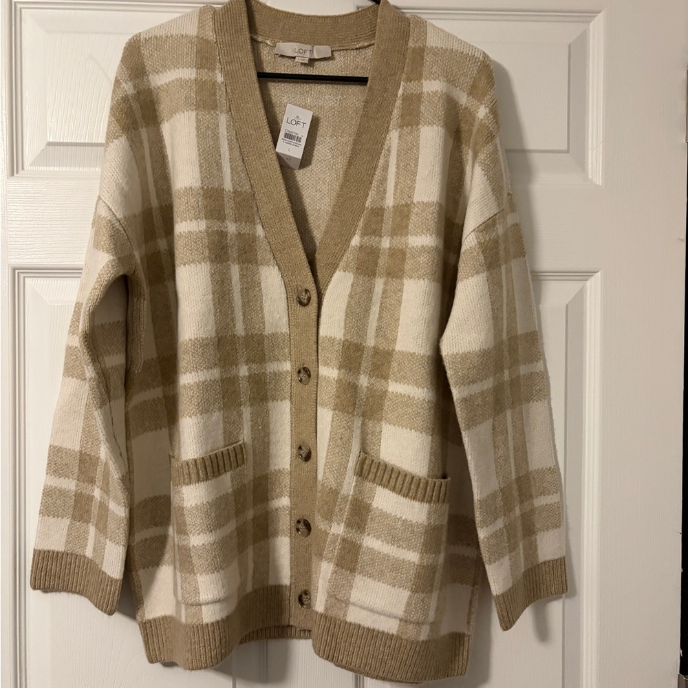LOFT Cream and Tan Plaid Button-Front Cardigan